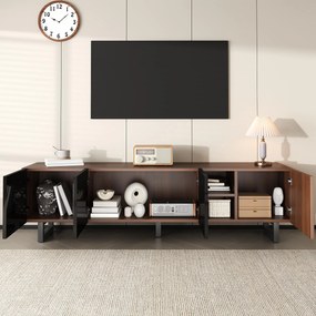 Dulap TV modern cu 4 uși, spațiu mare de depozitare, design vintage, 180x38x50 cm, Negru+Culoare naturală