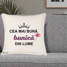 Cadou pentru Bunica - Perna Personalizata Cea Mai Buna Bunica Din Lume Coroana Mov Floare Roz, 40x40 cm, Crem Reliefat, Husa Detasabila, Perna Inclusa, BEKZ®