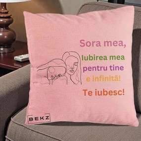Cadou pentru Sora - Perna Personalizata Sora Mea Te Iubesc Line Art Fete Colorate Brate Ridicate, 40x40 cm, Roz, Husa Detasabila, Perna Inclusa, BEKZ®