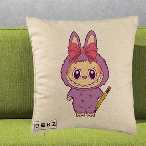 Perna Personalizata Labubu Mov cu Funda Rosie si Creion, 40x40 cm, Bej, Husa Detasabila, Perna Inclusa, BEKZ®