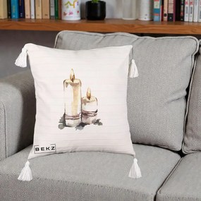 Perna Decorativa Lumanari Acuarela Iarna, 40x40 cm, Bej cu Franjuri, Husa Detasabila, Perna Inclusa, BEKZ®