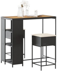 vidaXL Set mobilier bar de grădină cu perne, 3 piese, negru, poliratan