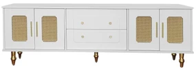 Comodă TV în stil retro cu mânere aurii, uși din ratan și picioare din metal, spațiu de depozitare generos, 175x38x55,5 cm, alb