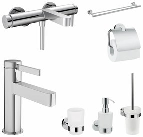 Set baterie cada si baterie lavoar Hansgrohe Finoris cu accesorii baie Hansgrohe Logis, crom lucios