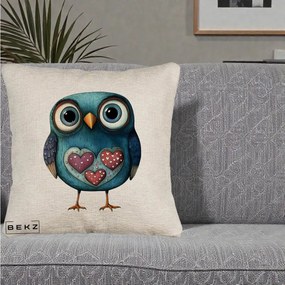 Perna Decorativa Bufnita Teal cu Doua Inimi, 40x40 cm, Bej Canapea, Husa Detasabila, Perna Inclusa, BEKZ®