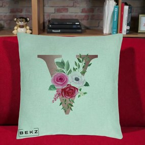 Cadou Personalizat - Perna Personalizata Monograma Rose Gold Litera V, 40x40 cm, Verde Menta, Husa Detasabila, Perna Inclusa, BEKZ®