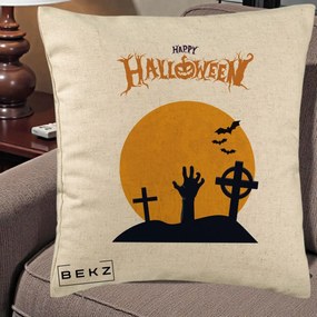 Perna Decorativa Happy Halloween Cimitir cu Luna, 40x40 cm, Bej, Husa Detasabila, Perna Inclusa, BEKZ®