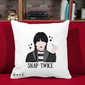 Perna Personalizata Wednesday Snap Twice, 40x40 cm, Alba Mata, Husa Detasabila, Perna Inclusa, BEKZ®