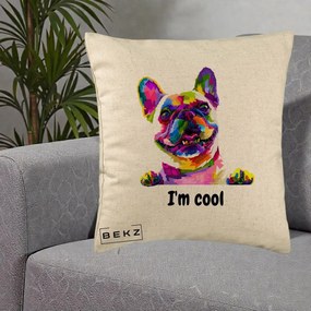Perna Personalizata Bulldog Francez I'm Cool, 40x40 cm, Bej, Husa Detasabila, Perna Inclusa, BEKZ®