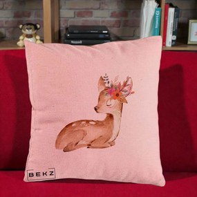 Perna Decorativa Caprioara cu Flori in Coama, 40x40 cm, Roz, Husa Detasabila, Perna Inclusa, BEKZ®