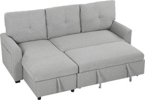 HOMCOM Canapea extensibilă 3 locuri cu șezlong convertibil, spațiu de depozitare, 3 perne, material cu efect de in, gri | Aosom Romania
