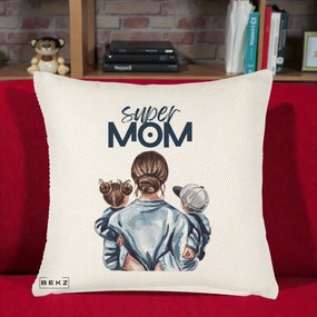 Cadou pentru Mama - Perna Personalizata Super Mom, 40x40 cm, Crem Reliefat, Husa Detasabila, Perna Inclusa, BEKZ®