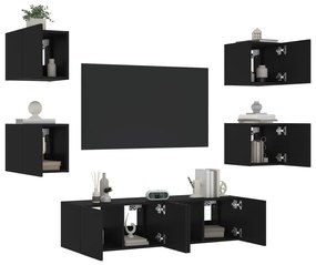 Unitati de perete TV cu LED-uri, 6 piese, negru, lemn prelucrat