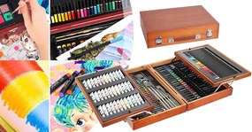 Set de pictura si desen de 174 piese, in cutie practica de cadou din lemn