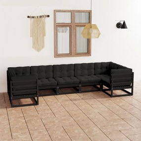 3077308 vidaXL Set mobilier grădină cu perne, 7 piese, negru, lemn masiv pin