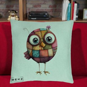 Perna Decorativa Pasare Patchwork Roz cu Floare, 40x40 cm, Verde Menta, Husa Detasabila, Perna Inclusa, BEKZ®