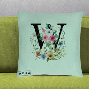 Cadou Personalizat - Perna Personalizata Monograma Florala Litera W, 40x40 cm, Verde Menta, Husa Detasabila, Perna Inclusa, BEKZ®