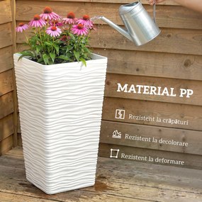 Outsunny Set de 3 Ghivece de Exterior Suprapozabile cu Model Ondulat, Ghivece Pătrate din Plastic pentru Flori cu Orificii de Drenaj, 42/55/65 cm, Alb, Negru, Maro | Aosom Romania