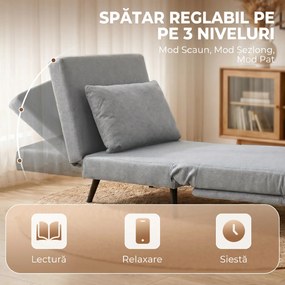 HOMCOM Fotoliu Pat cu Spătar Reglabil 3 Poziții, Pernă Detașabilă din Țesătură cu Aspect de In, Gri Deschis | Aosom Romania