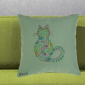 Perna Decorativa Pisica Florala Acuarela, 40x40 cm, Verde, Husa Detasabila, Perna Inclusa, BEKZ®