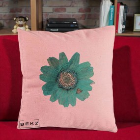 Perna Decorativa Floare Gerbera Teal Acuarela, 40x40 cm, Roz, Husa Detasabila, Perna Inclusa, BEKZ®
