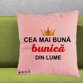 Cadou pentru Bunica - Perna Personalizata Cea Mai Buna Bunica Din Lume Coroana Aurie, 40x40 cm, Roz, Husa Detasabila, Perna Inclusa, BEKZ®