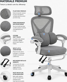 ELITE PRO 870GR – Scaun Ergonomic Premium, Mesh Respirabil, Tetieră Reglabilă, Suport Lombar, Suport pentru Picioare Retractabil, Funcție Recliner, Reglaj pe Înălțime, Gri
