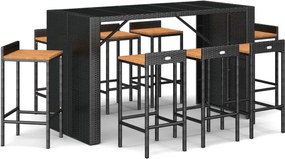 vidaXL Set bar pentru grădină, 9 piese, negru, poliratan/lemn acacia