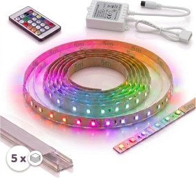 Set 1x bandă LED digitală RGBW, 16,5W/230V, 5 m + 5x profil încastrat de 1 m + telecomandă