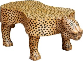Măsuță de cafea din lemn de mango sculptat și pictat manual, maro, în formă de leopard, cu imprimeu leopard, 45 x 120,5 x 60 cm, „Panthera”