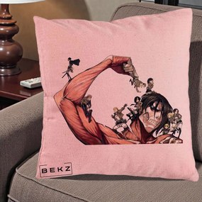 Perna Personalizata Attack on Titan Eren Titan Grup, 40x40 cm, Roz, Husa Detasabila, Perna Inclusa, BEKZ®