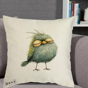 Perna Decorativa Pasare Teal Adormita cu Ochi Galbeni, 40x40 cm, Ecru, Husa Detasabila, Perna Inclusa, BEKZ®