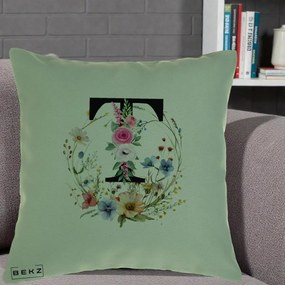 Cadou Personalizat - Perna Personalizata Monogram Litera T cu Flori Acuarela, 40x40 cm, Verde, Husa Detasabila, Perna Inclusa, BEKZ®