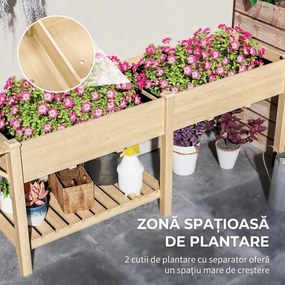 Outsunny Strat Înălțat de Grădină cu Masă Laterală, Raft Inferior și  Orificii de Drenaj, 207x59x78 cm, Lemn Natural | Aosom Romania