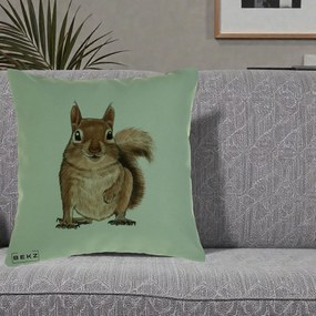 Perna Decorativa Veverita Acuarela, 40x40 cm, Verde, Husa Detasabila, Perna Inclusa, BEKZ®