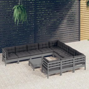 vidaXL Set mobilier grădină cu perne, 11 piese, gri, lemn de pin