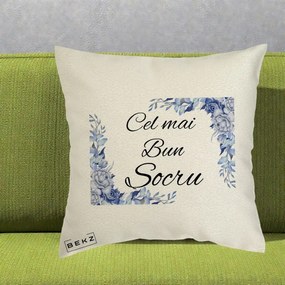 Cadou pentru Socru - Perna Personalizata Cel mai Bun Socru cu Flori Albastre Acuarela, 40x40 cm, Ecru, Husa Detasabila, Perna Inclusa, BEKZ®