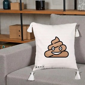 Perna Decorativa Emoji Poop Funny, 40x40 cm, Bej cu Franjuri, Husa Detasabila, Perna Inclusa, BEKZ®