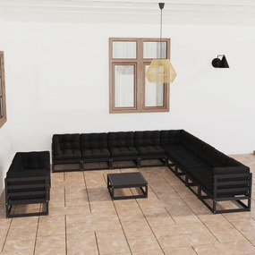Set mobilier de gradina cu perne12 piese, negru, lemn masiv pin Negru, 1, Da