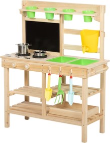 AIYAPLAY Bucătărie de noroi pentru copii în aer liber, bucătărie jucărie din lemn cu chiuvetă, plită, ghivece, tablă pentru 3-6 ani 77x32x95 cm lemn natural | Aosom Romania