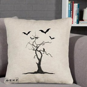 Perna Decorativa Halloween Copac cu Lilieci Alb-Negru, 40x40 cm, Bej Canapea, Husa Detasabila, Perna Inclusa, BEKZ®
