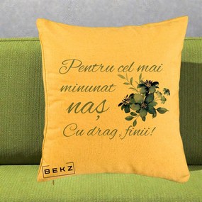 Cadou pentru Nas - Perna Personalizata Pentru Cel mai Minunat Nas Cu drag Finii, 40x40 cm, Galben, Husa Detasabila, Perna Inclusa, BEKZ®