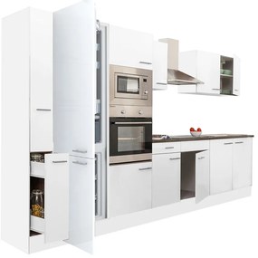 Mobilă de bucătărie Yorki 360, corp alb, față alb satinat, frigider cu congelator în partea de jos