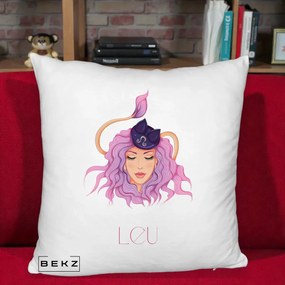 Perna Personalizata Zodie Leu, 40x40 cm, Alb Pufos, Husa Detasabila, Perna Inclusa, BEKZ®