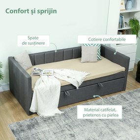 HOMCOM Cadru Pat Simplu 90x190 cm, Canapea cu Al Doilea Pat Extensibil, Tetieră Căptușită, Cotiere, Lamele din Lemn de Plop, pentru Cameră Living Oaspeți, Fără Saltea, Gri Închis | Aosom Romania