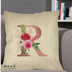 Cadou Personalizat - Perna Personalizata Monograma Rose Gold Litera R, 40x40 cm, Crem, Husa Detasabila, Perna Inclusa, BEKZ®