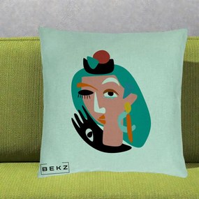 Perna Decorativa Portret Abstract Matisse Turcoaz, 40x40 cm, Verde Menta, Husa Detasabila, Perna Inclusa, BEKZ®