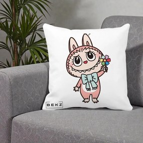 Perna Personalizata Labubu Roz cu Morisca, 40x40 cm, Alba Mata, Husa Detasabila, Perna Inclusa, BEKZ®