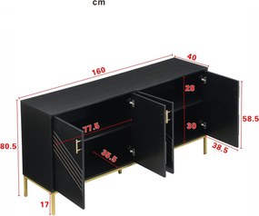 Comodă cu 4 uși, rafturi reglabile pe înălțime, pentru living, sufragerie &amp; hol, 160x40x80,5 cm, Negru