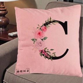 Cadou Personalizat - Perna Personalizata Monograma Florala Litera C, 40x40 cm, Roz, Husa Detasabila, Perna Inclusa, BEKZ®